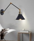 Badass Industrial Swing Arm Wall Sconce Adjustable Metal Light Fixture E27 Socket mounted on a wall above a small table.