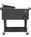80 Quart Rolling Ice Chest Cooler Cart For Patio And Poolside Parties Portable Bar Beverage Cooler With Drain Plug Easy Clean Stand Up Cart For Backyard BBQ And Outdoor Entertaining Gray, shown with open lid and bottle opener on side.