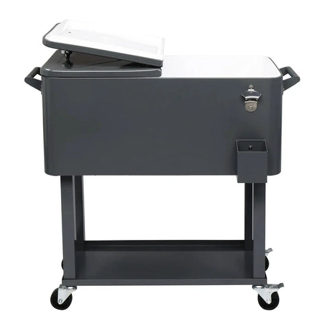 80 Quart Rolling Ice Chest Cooler Cart For Patio And Poolside Parties Portable Bar Beverage Cooler With Drain Plug Easy Clean Stand Up Cart For Backyard BBQ And Outdoor Entertaining Gray, shown with open lid and bottle opener on side.