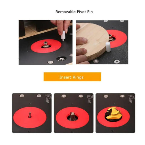 Rock Solid Heavy Duty Router Lift With Aluminum Table Insert Plate For Woodworking Shops showing removable pivot pin and insert rings assembly.