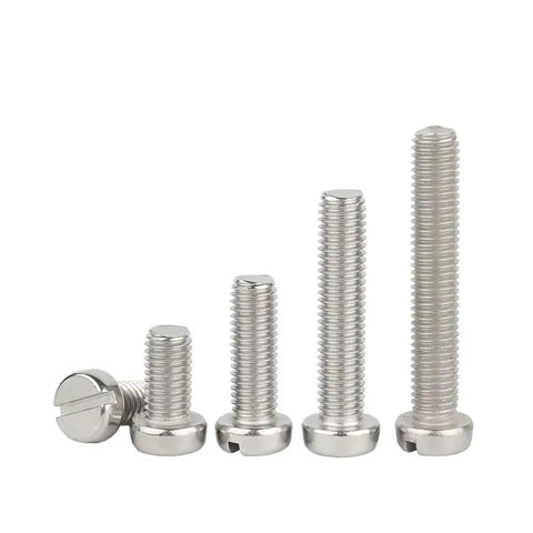 Top Shelf 304 Stainless Steel Machine Screws With Slotted Round Cheese Heads In M2 M2.5 And M3 Hardware Pack displayed in various sizes.