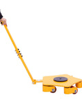 Rock Solid Heavy Duty Machinery Skates With Ergonomic Grip Handle, 4 Ton Capacity Industrial Equipment Dolly For Warehouses And Job Sites, Tough Steel Shop Essential To Haul Bulky Gear Fast, yellow dolly with ergonomic handle.