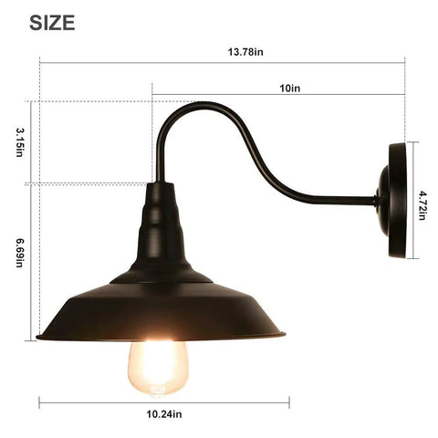 Black gooseneck barn light with dimensions, part of Farmhouse Wall Sconces 2 Pack for indoor wall mount lighting.