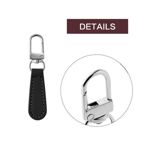 Close-up of Dope 8 Piece Leather Zipper Pull Replacement Kit in black with metal clip-on handle for luggage and bags.