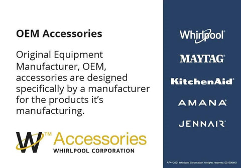 OEM accessories description with Whirlpool, Maytag, KitchenAid, Amana, and JennAir logos.