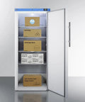 Commercial Upright Freezer 18 Cu Ft Left Handed Door Swing White Shell storing frozen food items in neatly arranged boxes.