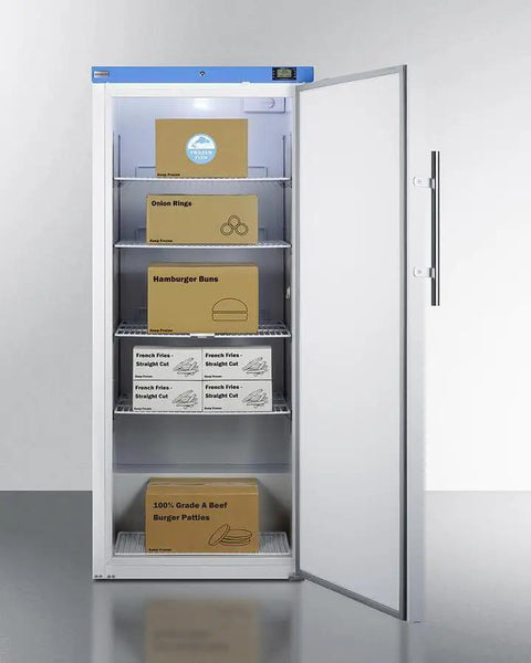 Commercial Upright Freezer 18 Cu Ft Left Handed Door Swing White Shell storing frozen food items in neatly arranged boxes.