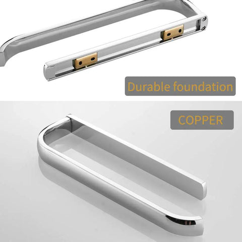 Chrome towel bar with copper durable foundation, showing top and side views.