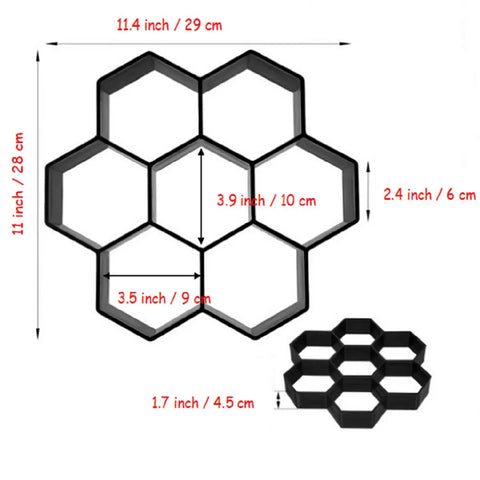 Hexagon Pavement Molds 2 Pack Reusable Walkway Path Maker For Concrete Pavers, black hexagonal design with measurements