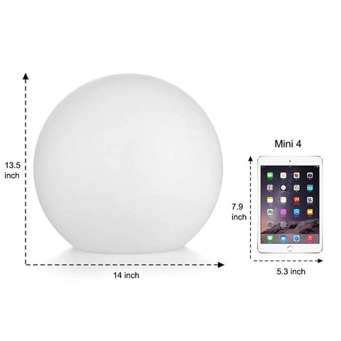 14 Inch LED Ball Light Cordless Rechargeable Globe Lamp With Remote 16 RGB Color Changing against iPad for size comparison