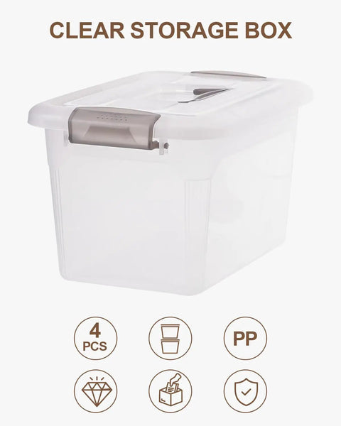 4 Pack 6 Qt Clear Storage Bins With Lids And Grey Handles Stackable Plastic Bins for Organizing Toys Pantry Kitchen Garage Closet