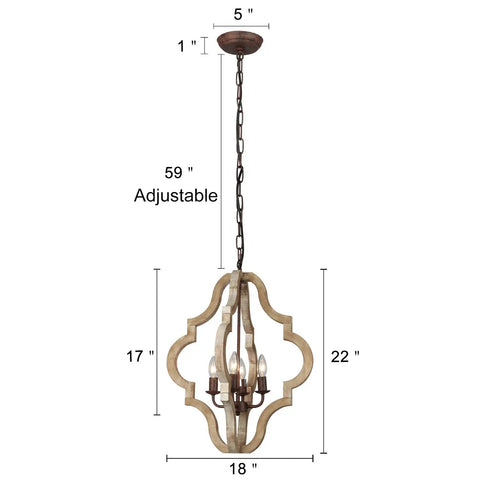 Barn Vibe Farmhouse Wood Chandelier With Four Lights Rustic Pendant Light Fixture In Weathered White Finish And Bronze Accents