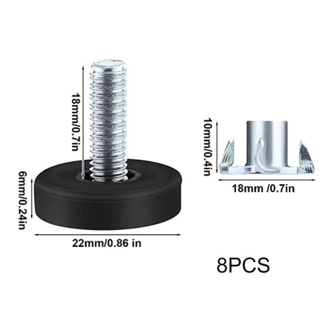 Adjustable Leveling Feet Set For Furniture 48 Or 72 Pieces Threaded Levelers dimensions and parts view