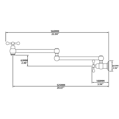 Technical diagram of Brass Pot Filler Faucet Wall Mount With Folding Double Joint Swing Arms Titanium Gold Finish dimensions