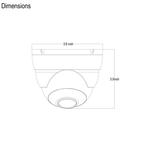 Diagram showing dimensions of 5MP Full Color Night Vision Dome Security Camera With Visible White LED Lights Outdoor Metal Housing.