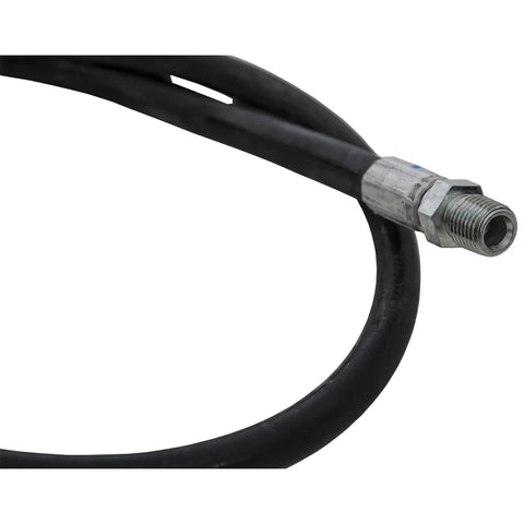Close-up of Buyers Products high-pressure hose, 1/4 in x 38 in, black rubber with metal threaded fitting.