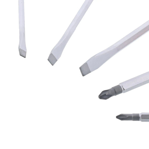Extra Heavy Duty Slotted and Phillips Screwdriver Set, Five-Piece With SoftFinish Cushioned Grips, blade tips close-up.