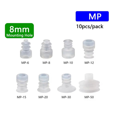 10 Pack MP Type Pneumatic Suction Cups With 8mm Mounting Hole in various sizes for robot manipulators and automation arms.