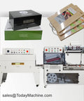 Commercial Automatic Tunnel Shrink Wrapping Machine For Retail Packaging Delivers Kick Ass Heat Sealing Power With Straight Up Smooth Plastic Film Processing with control panel and boxed goods.