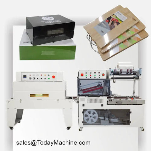 Commercial Automatic Tunnel Shrink Wrapping Machine For Retail Packaging Delivers Kick Ass Heat Sealing Power With Straight Up Smooth Plastic Film Processing with control panel and boxed goods.
