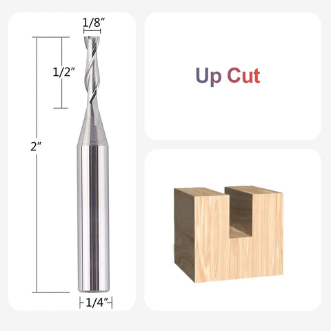 Five Piece One Eighth Inch Diameter Spiral Upcut Router Bit Set With One Quarter Inch Shank Carbide CNC Wood Router Bits dimensions