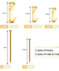 184 Piece Picture Hanging Kit With Gold Finish Hooks And Nails For Drywall And Wood Walls shown with sizes for 50lb, 30lb, 20lb hangers