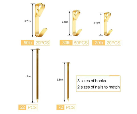 184 Piece Picture Hanging Kit With Gold Finish Hooks And Nails For Drywall And Wood Walls shown with sizes for 50lb, 30lb, 20lb hangers