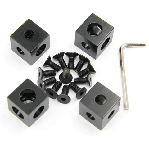 Set Of 4 Black Cube Corner Brackets For 6mm Slot Aluminum Extrusion 2020 Series, 20x20x20mm, with screws and Allen key.