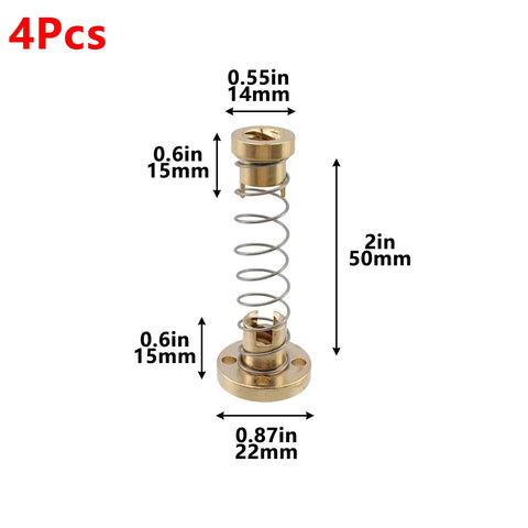 Top Tier T8 Trapezoid Motor Screw Nut Kit With Knockout Zero Play Anti Backlash Springs Gets 8mm Threaded Rods Hella Smooth For Rock Solid Cnc Router Projects Four Pack Custom 3D Printer Upgrades Copper showing brass nut with coil spring, dimensions labeled.