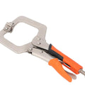 Heavy Duty 9 Inch Locking C Clamp Pliers With Rotating Pads For Welding And Woodworking, silver steel clamp with orange grips.