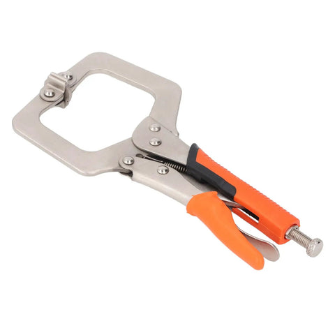 Heavy Duty 9 Inch Locking C Clamp Pliers With Rotating Pads For Welding And Woodworking, silver steel clamp with orange grips.