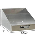 Side view of aluminum Rag In A Box Dispenser Rack for shop garage and race trailer, dimensions 10x9.75x6 inches shown