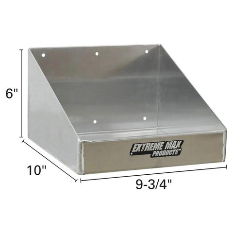 Side view of aluminum Rag In A Box Dispenser Rack for shop garage and race trailer, dimensions 10x9.75x6 inches shown
