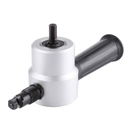 Jiawu Double Head Power Drill Nibbler Sheet Metal Cutter Adjustable 360 Degrees, aluminum, handheld with a black grip for DIY sheets.