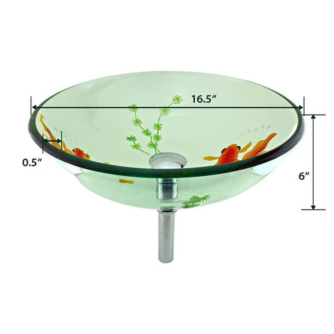 Round Glass Vessel Sink 16.5 Inch Durable Tempered Glass Bathroom Basin With Chrome Drain Koi Fish Design countertop mount