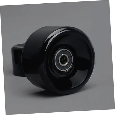 Black PU quad skate wheels with bearings, visible glossy finish, emphasizing high elasticity and easy installation.