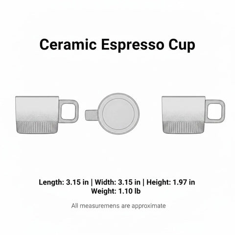 Premium Durable Ceramic Espresso Cup With Wooden Handle 1.7 Oz Demitasse viewed from above with measurements displayed.