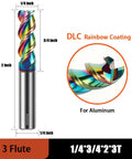 Pro Grade 1/4 Inch Carbide Square End Mill Bit For Aluminum, 2 Inch Overall Length, 1/4 Inch Shank, 3 Flutes, DLC Rainbow Coating.