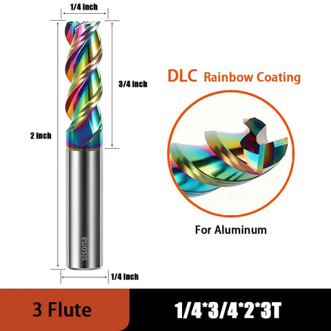 Pro Grade 1/4 Inch Carbide Square End Mill Bit For Aluminum, 2 Inch Overall Length, 1/4 Inch Shank, 3 Flutes, DLC Rainbow Coating.