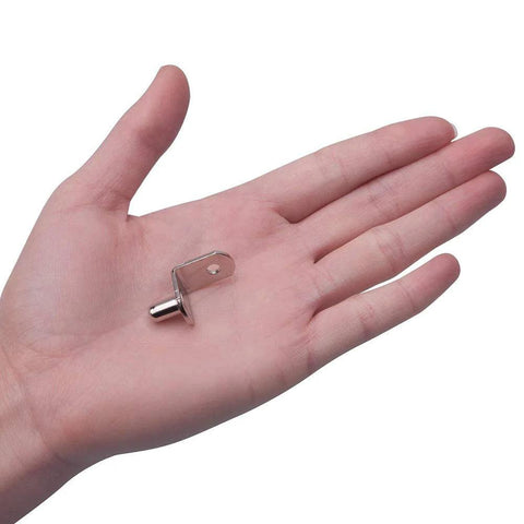 Holding a single 40 Pcs Shelf Pins L Shaped Bracket Clips Nickel Plated With Hole One Quarter Inch Diameter For Kitchen Cabinets Bookcases