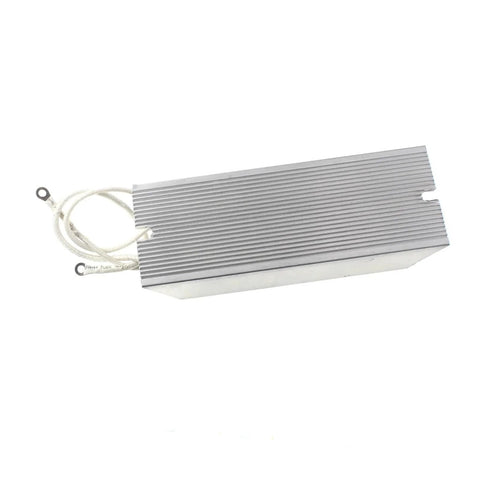 Front view of aluminum-cased high-power resistor with ribbed heatsink and white braided leads with ring terminals