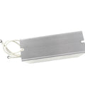 Angled view of RXLG 200W aluminum-cased fixed resistor with white braided leads and ring terminals.