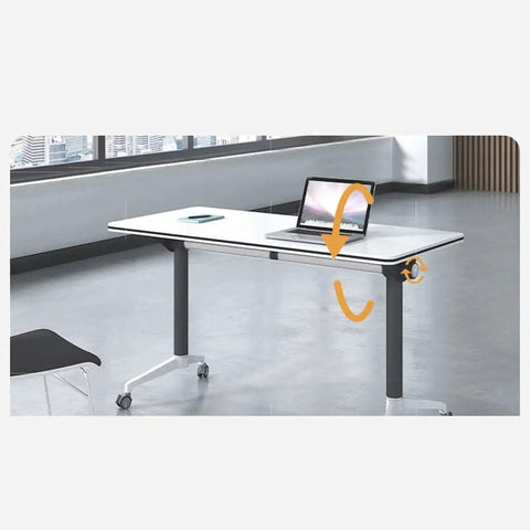Compact Folding Computer Desk With Handy Built In Drawers And Smooth Riding Casters For Home Offices Training Rooms Or Large Conference Areas Stress Free Setup featuring a laptop on a glossy tabletop.