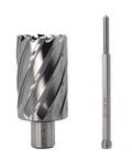 Front view of Oscarbide annular cutter and Weldon shank mag drill bit, two-piece steel tools