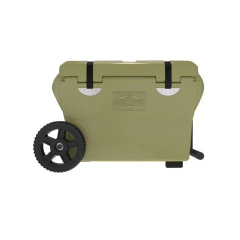 Side view of 40 Quart Desert Tan Cooler With Heavy Duty Wheel Kit Rugged Rotomolded Ice Chest For Beach Camping Picnics Hunting