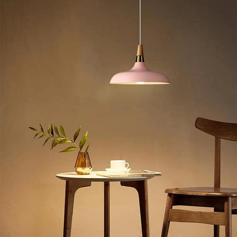 Wood Metal Colorful Pendant Light, Simple Farmhouse Lighting, Indoor Rustic Fixture over a table with a plant and a cup