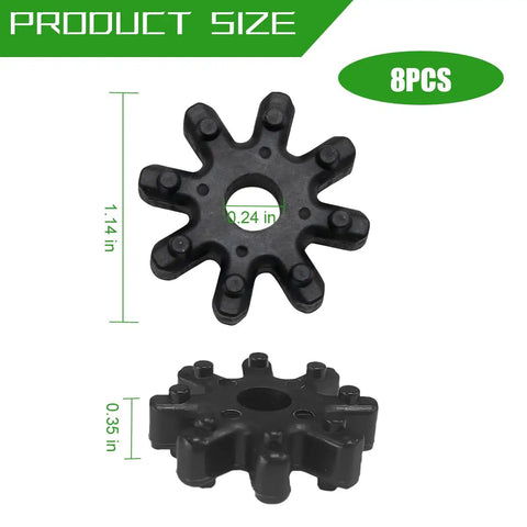 Top Notch Eight Piece Flexible Steering Coupler Compatible With Kia Forte Cadenza Optima showing sizes of 1.14" and 0.24" in black rubber.