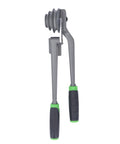 Heavy Duty Manual Tubing Bender Knocks Out Smooth 180 Degree Bends On Copper Coils And Brake Lines Quick 3 In 1 Swivel Jaw Handle Crank Setup showing gray metal construction with green grips.