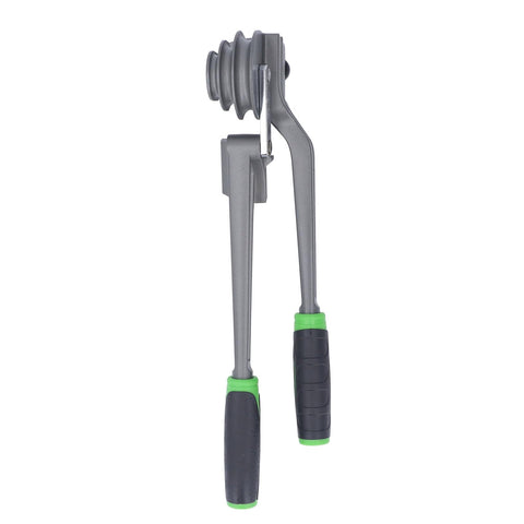 Heavy Duty Manual Tubing Bender Knocks Out Smooth 180 Degree Bends On Copper Coils And Brake Lines Quick 3 In 1 Swivel Jaw Handle Crank Setup showing gray metal construction with green grips.