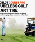 Course Pro 205-50-10 Golf Cart Tires 4-Ply Tubeless Street Style with golfer and cart on golf course